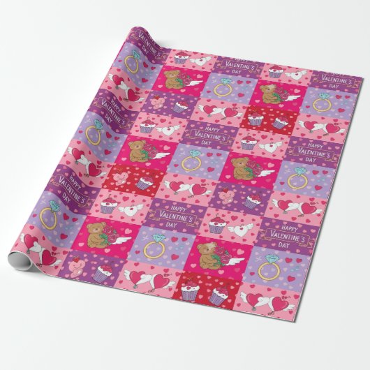 Playful Pink Valentine Patchwork Geschenkpapier (Ungerollt)