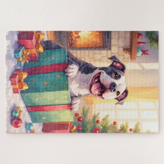 Playful Pitbull Opening Christmas Gifts Holiday Puzzle (Horizontal)