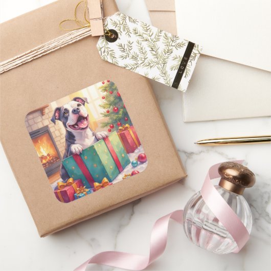 Playful Pitbull Opening Christmas Gifts Holiday Quadratischer Aufkleber (Schenken)