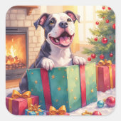 Playful Pitbull Opening Christmas Gifts Holiday Quadratischer Aufkleber (Vorderseite)