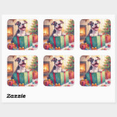 Playful Pitbull Opening Christmas Gifts Holiday Quadratischer Aufkleber (Blatt)