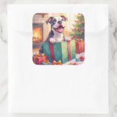 Playful Pitbull Opening Christmas Gifts Holiday Quadratischer Aufkleber (Tasche)