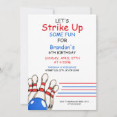 Playful Red & Blue Bowling Thema 6. Geburtstag Einladung (Vorderseite)