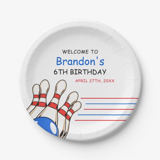 Playful Red & Blue Bowling Thema 6. Geburtstag Pappteller (Vorderseite)