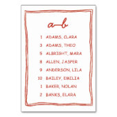 Playful Red Doodle Alphabet Seating Chart Tischnummer (Vorderseite)