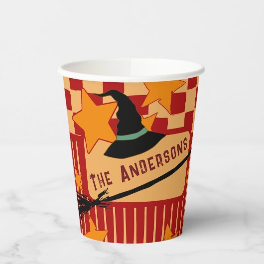 Playful Red Retro Witch Hat Halloween Starry Party Pappbecher (Links)