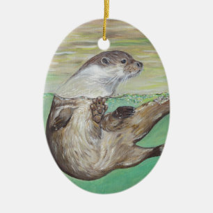 Playful River Otter Painting Keramikornament