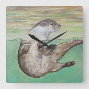Playful River Otter Painting Quadratische Wanduhr