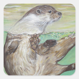 Playful River Otter Painting Quadratischer Aufkleber