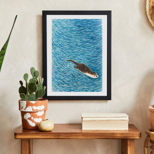 Playful River Otter Swimming in Blue Water Poster