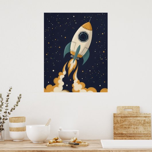 Playful Rocket Ship - Celestial Kinderzimmer Poster (Küche)
