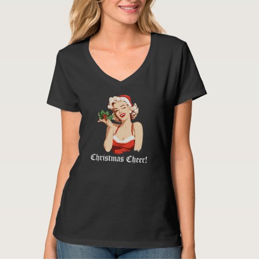 Playful Santa Girl Winking with Holly T-Shirt (Vorderseite)