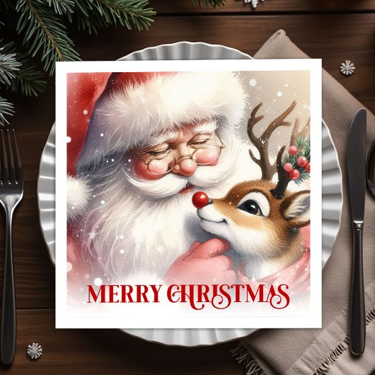 Playful Santa Rudolph Holiday Dinner Napkins Serviette
