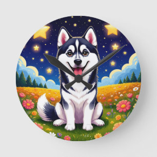 Playful Siberian Husky Runde Wanduhr