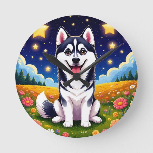 Playful Siberian Husky Runde Wanduhr (Vorderseite)