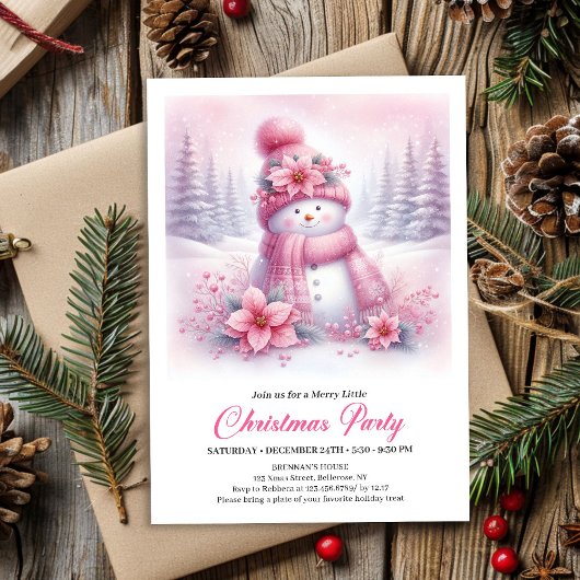 Playful Snowy Forest Pink Snowman Kids Invitation Einladung