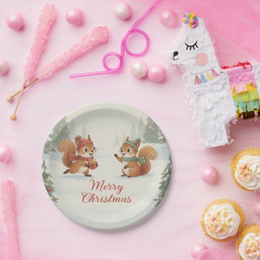 Playful Squirrels in Christmas Winter Forest Pappteller (Party)