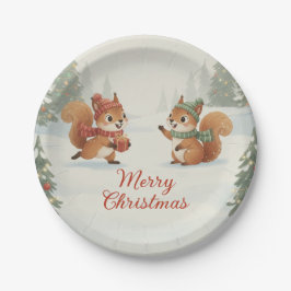 Playful Squirrels in Christmas Winter Forest Pappteller