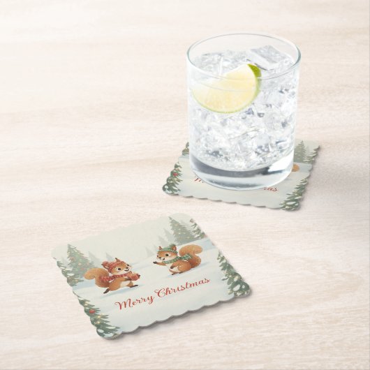 Playful Squirrels in Christmas Winter Forest Untersetzer (Vor Ort)