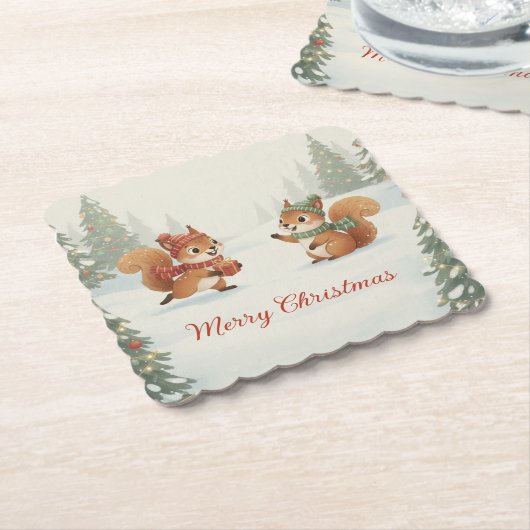 Playful Squirrels in Christmas Winter Forest Untersetzer (angewinkelt)
