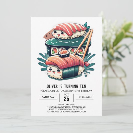 Playful Sushi Rolls Editable Geburtstag Einladung (Stehend Vorderseite)