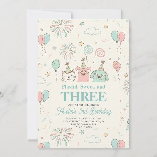Playful Sweet and Three Kids Birthday Invitation (Vorderseite)