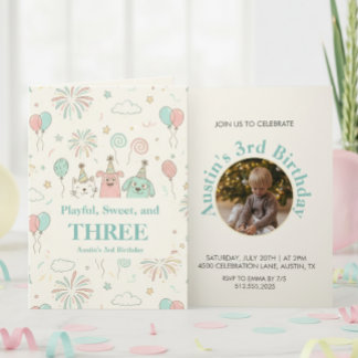 Playful Sweet, Three Kid Photo Birthday Invitation Einladung