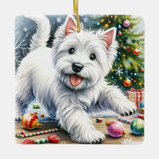Playful Westie Christmas Keramikornament