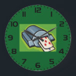 Playing Card Dealer Machine Poker and Casino Große Wanduhr<br><div class="desc">Keep track of every betting round with this custom wall clock featuring a bold playing card machine graphic. This functional piece of game room decor showcases a stylized mechanical dealer dispensing cards in a vibrant vector art style. It is the perfect addition to a man cave, home bar, or professional...</div>