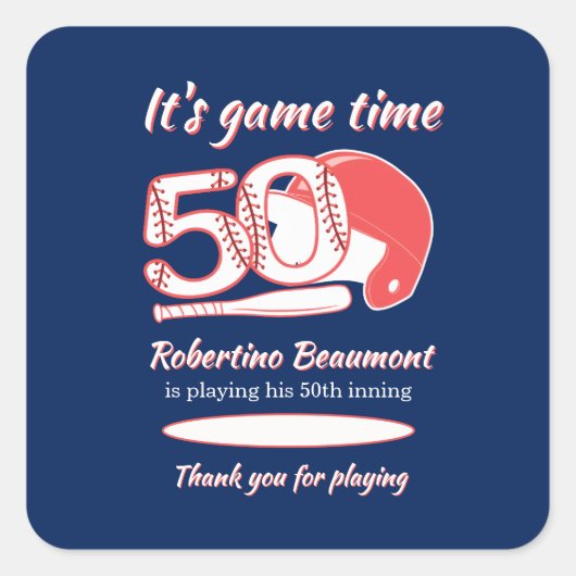 Playing His 50th Inning Baseball Birthday Party Quadratischer Aufkleber (Vorderseite)