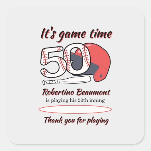 Playing His 50th Inning Baseball Birthday Party Quadratischer Aufkleber (Vorderseite)
