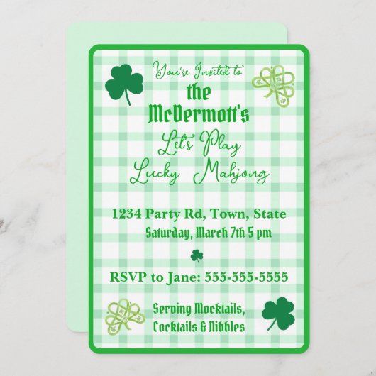 Playing Lucky Mahjong Watercolor Shamrocks  Einladung (Vorne/Hinten)