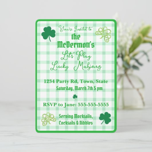 Playing Lucky Mahjong Watercolor Shamrocks Einladung (Stehend Vorderseite)