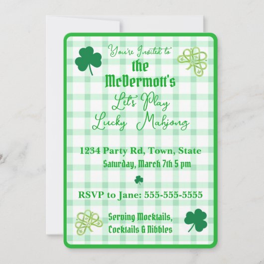 Playing Lucky Mahjong Watercolor Shamrocks Einladung (Vorderseite)