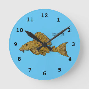 Pleco fish cartoon illustration  runde wanduhr