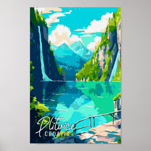 Plitvice Croatia Vintage Art Illustration Poster
