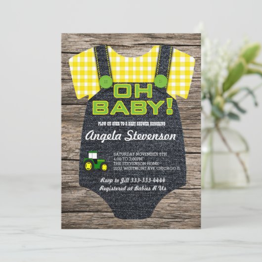 Plough Bauer Traktor Baby Dusche Einladung (Stehend Vorderseite)