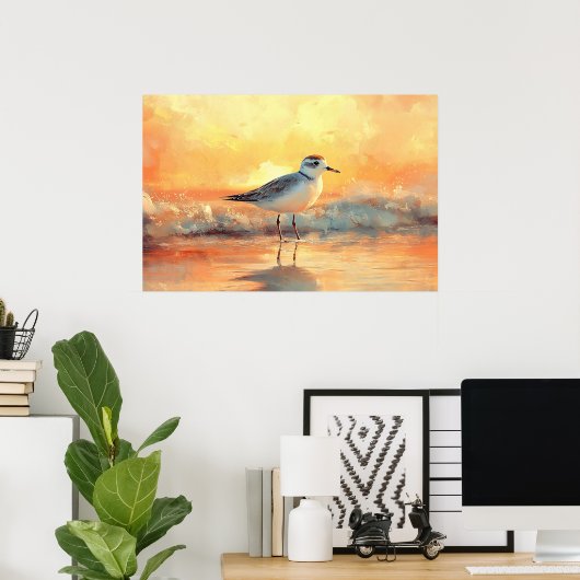 Plover Standing in Ocean Waves During Sunset Poster (Heimbüro)