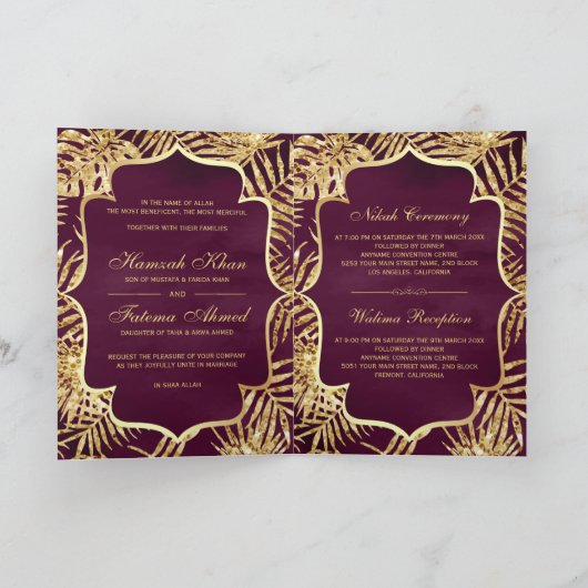 Plum and Gold Glitzer Date Palm Muslim Wedding Einladung (Innenseite)