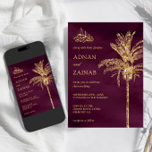 Plum and Gold Glitzer Date Palm Muslim Wedding Einladung