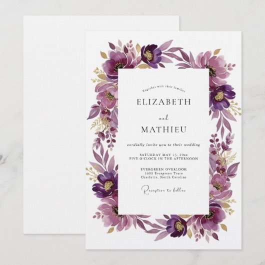 Plum Artistic Blossom Wedding Einladung (Vorne/Hinten)