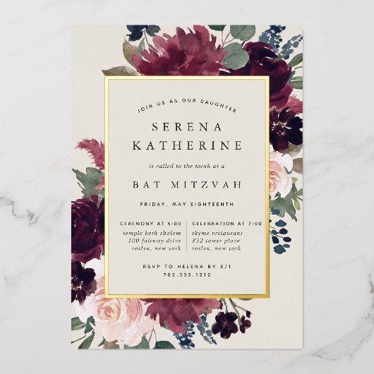 Plum Blossom Bat Mitzvah Folieneinladung (Vorderseite)