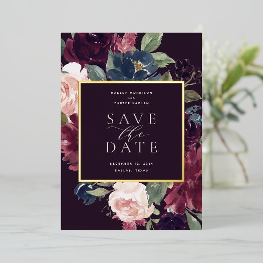 Plum Blossom Foil Save the Date Card Folieneinladung (Stehend vorne)
