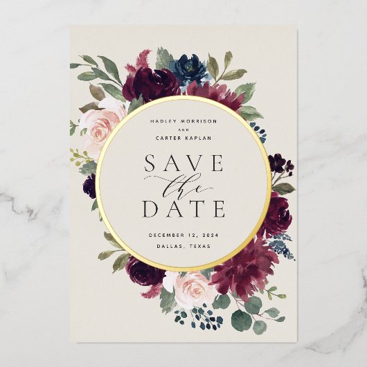Plum Blossom Foil Save the Date Card Folieneinladung (Vorderseite)