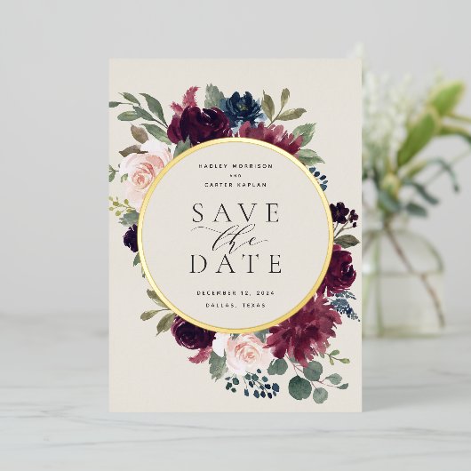 Plum Blossom Foil Save the Date Card Folieneinladung (Stehend vorne)