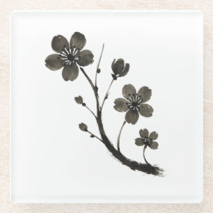 Plum Blossom Line Art - Botanisches Design auf Glasuntersetzer
