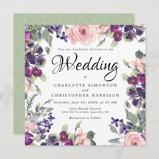 Plum Blush Bloral Square Hochzeitseinladungen Einladung (Vorne/Hinten)