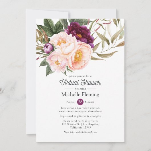 Plum & Blush Bloral Virtual Baby oder Brautparty Einladung (Vorderseite)