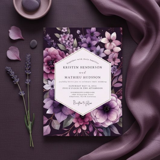 Plum Botanical Romance Wedding Einladung