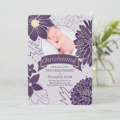 Plum Botanicals for Girls with Foto Christening Einladung (Stehend Vorderseite)